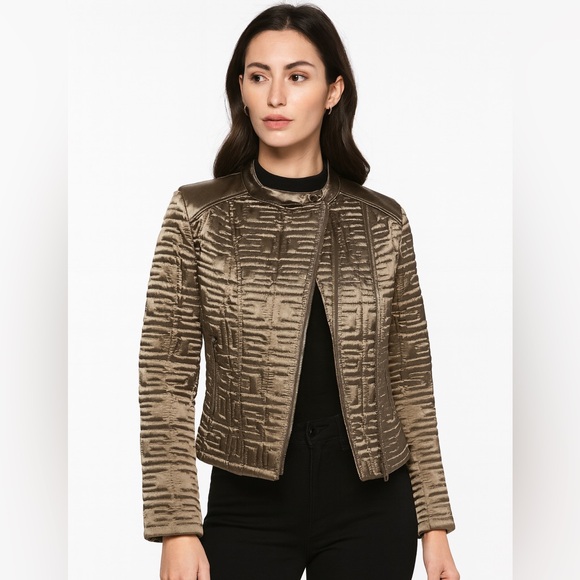 GUESS Quilted Metallic Satin Moto Jacket Desert Green Cropped XS - Picture 3 of 17